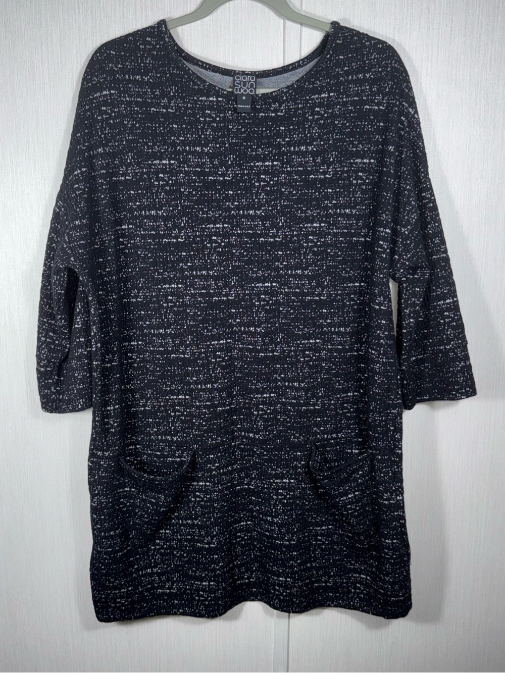 CLARA SUN WOO USA M Black White Textured Knit Oversized Tunic Dress Career